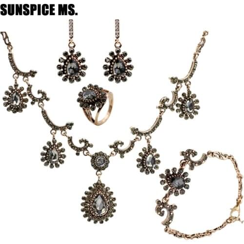 Sunspicems 2021 Morocco Ring Bracelet Earrings Necklace Jewelry Sets For Women Antique Gold Color Bohemia Crystal Bijoux Gift