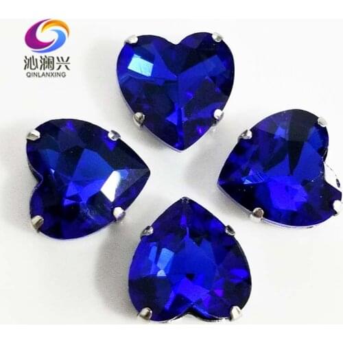 Royalblue heart shape top quality Glass Crystal claw rhinestones,sew on stone with holes for Diy Clothing accessories SWH11