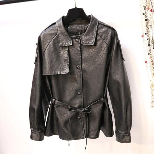 2021 Spring Autumn Lapel Faux Leather Jacket Women Green PU Coat Simplicity Loose Jackets Office Lady Outwear with Belt