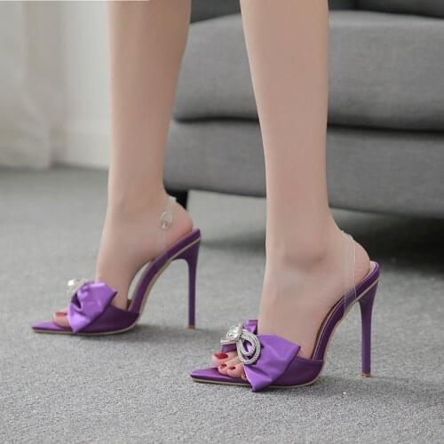 2021 Summer New Womens Pointed Toe Rhinestone Bow Satin Film Buckle Sexy High-Heeled Sandals Banquet Nightclub Large Size Shoes