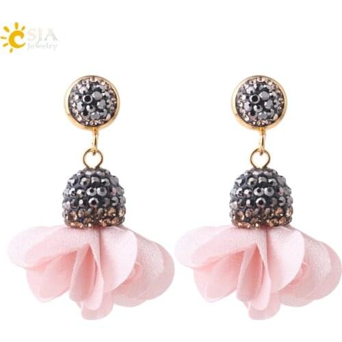 CSJA Women Trendy Iced Out Jewelry Satin Fabric Bloom Flower Stud Earrings Full Rhinestone Beads Push Back Pierced Earring S246