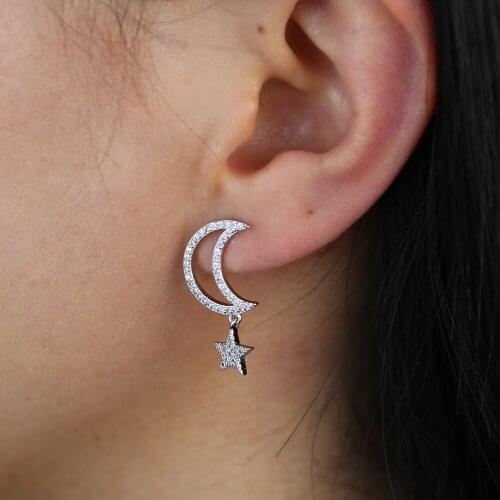 2021 Unique Design 925 Sterling Silver Moon Shape Earrings JDroped Tiny Star 2 Colors Paved White Round Cz Women Wedding Gift