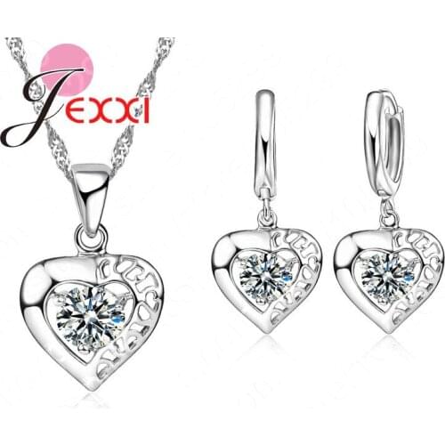 High Quality Gift 925 Sterling Silve Clear CZ Hollow Out Heart Love Pendant Necklace Drop Earring For Woman Wedding Set