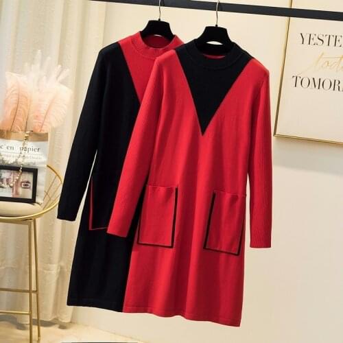4XL plus size women elegant party kintting dress autumn winter 2021 long sleeve o neck Patchwork Oversized sweater dresses