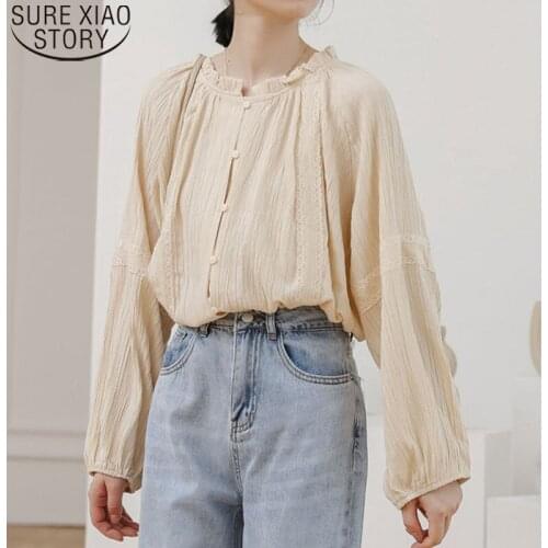 2021 Spring Blouse Vintage Lantern Sleeve Korean Ladies Tops Cotton Chic Shirt Women Round Collar Apricot Blusas Mujer 13029