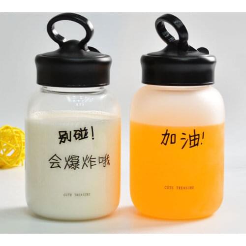 360/520ml Cute Chinese Words Glass Water Drinking Bottles Durable Water Bottle For Girls School Office Travel Mug Coffee Cup