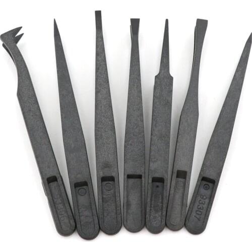 7pcs/set Black ESD Tweezers Set Anti Static Tool Plastic Electronic Tweezers Forceps Precision Tweezer Set