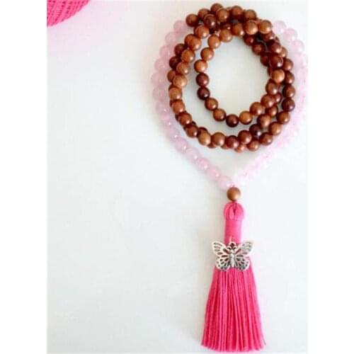 8mm Rose Quartz Sandalwood 108 Beads Handmade Tassel Necklace Retro Chakra Buddhism Tibetan Spirituality Wristband Mala Spiritua