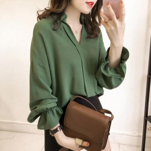 Sexy Women Solid Color Deep V Turndown Collar Long Sleeve Loose Shirt Blouse Top Women Hot Sale Button Basic Blouses Printed top