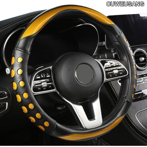 CUWEUSANG All Season Carbon Fiber Genuine Leather Car Steering Wheel Cover Small Size Big Size D Shape 36cm 38cm 40cm