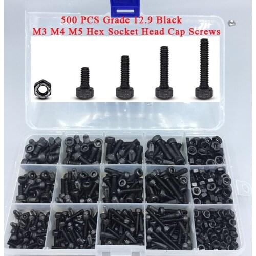 DIN912 Alloy Steel Black Screw and Nuts 500 pcs Grade 12.9 Black M3 M4 M5 Inner Hex Socket Head Cap Screws Assortment Set Kit