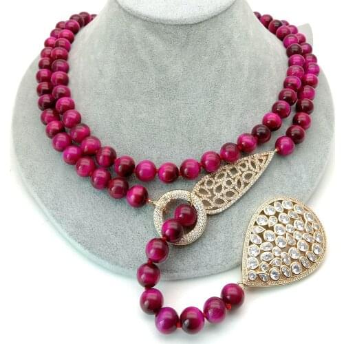 YYGEM 48'' 10mm Round Fuchsia Tiger Eyer cz pave connector sweater chain Long Necklace gold color cz pave teardrop pendant