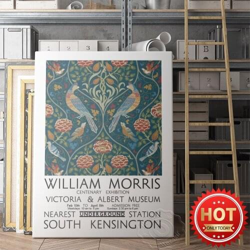 William Morris Exhibition Museum Poster, William Seasons By May Vintage Art Prints, Morris Flowers Birds Art Wall Picture Decor