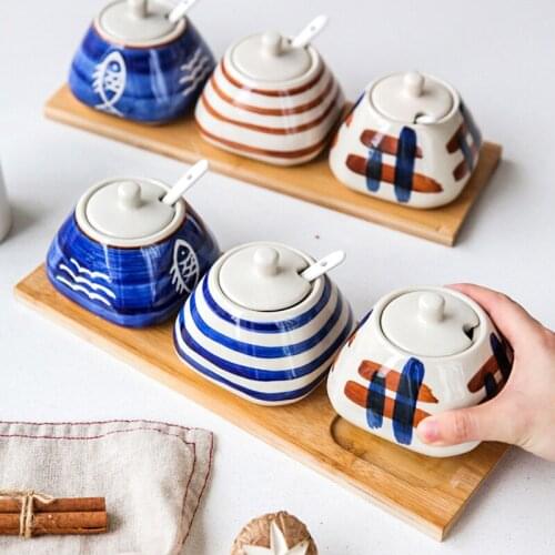 Ceramics Spice Jar With Lid Japanese Style Seasoning Tank Set Kitchen Storage Jars Container for Spices Home Kitchen Utensils