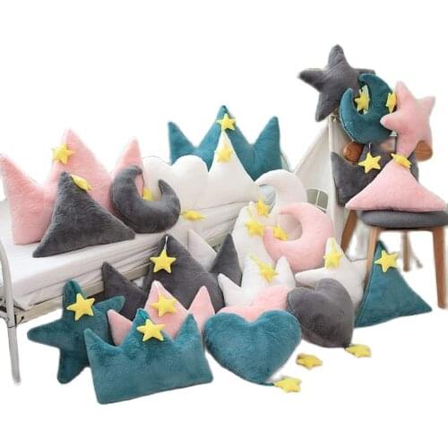 Crown Plush Pillow Colorful Stuffed Soft Star Heart Shape Throw Pillow Moon Cushion Baby Kids Gift Girls Baby Room Decoration