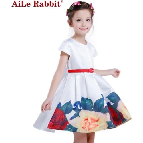 AiLe Rabbit Belababy Princess Girls Floral Dresses 2016 Summer Children Rose Flower Print Waistband Vestidos Kids Party Dresses