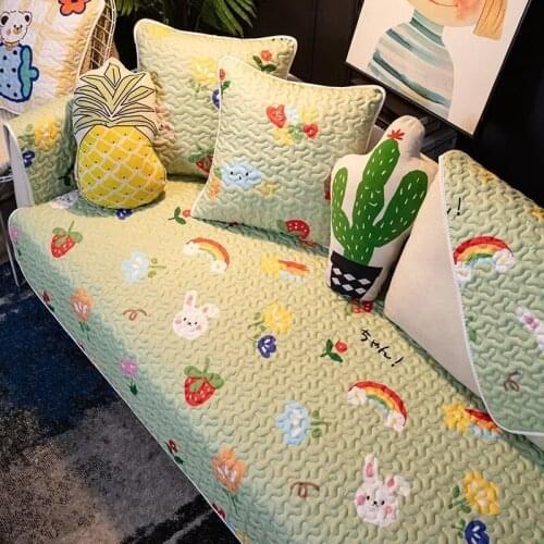 Cute Kawaii Plush Sofa Cover Slipcovers Stretch Plaid Non-slip Sofa Covers for Living Room Home Decor Corner Couch Cushion Cover