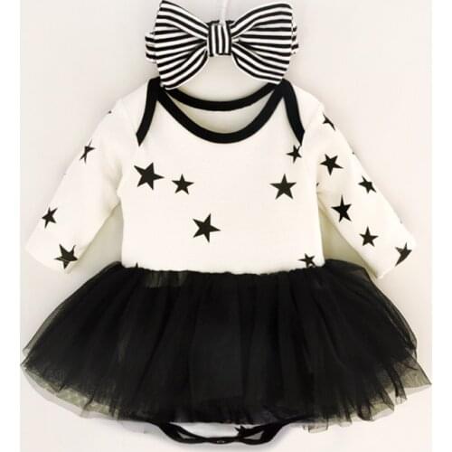 Princess Baby Girl Dress Set Pentagram Long Sleeves Mesh Party Dresses Bow Headbands & Jumpsuit Infant Girls Dress Clothing