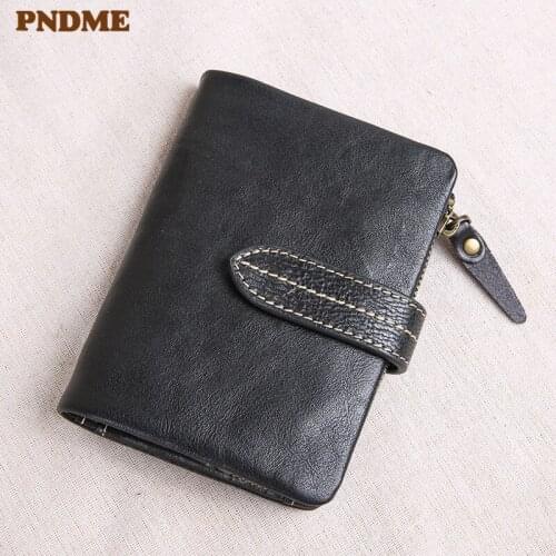PNDME genuine leather large capacity men womens tri-fold small wallet simple casual real cowhide credit card holder coin purse
