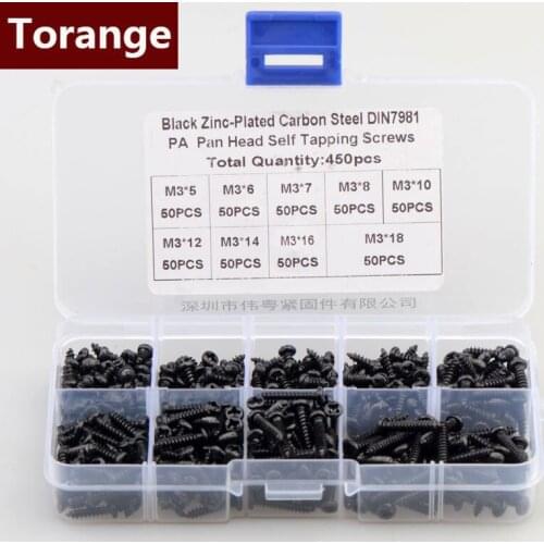 PA Self Tapping Screw combination suit M3 GB845 Track Screws Black Round Head Self-Tapping Screws Set Mini Tiny Hardware 450 pcs