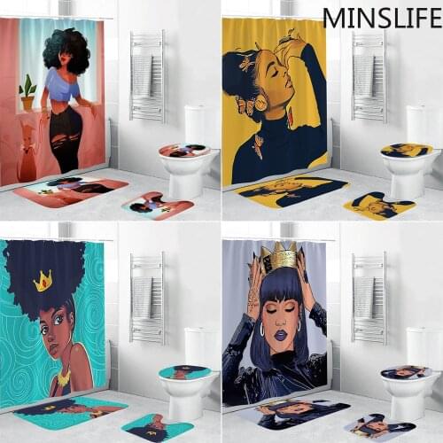 Swag Fashion African American Women Bathroom Shower Curtain and Rug Set Personalized Sexy Afro Girl Bath Curtains Flannel Carpet