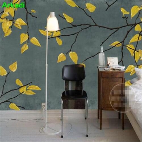 Retro Vintage Hand-Drawn Yellow Leaves Branch Art Mural Background Bedroom TV Wall Customized Art Wallpaper Wallpaper