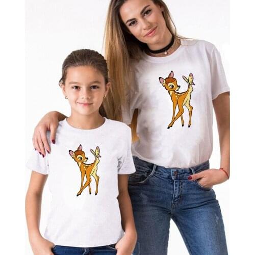 Funny Family Matching Clothes Bambi Butterfly Print Disney Cartoon Tshirts Kids Children Girl Boy Summer White Family Tee Shirt