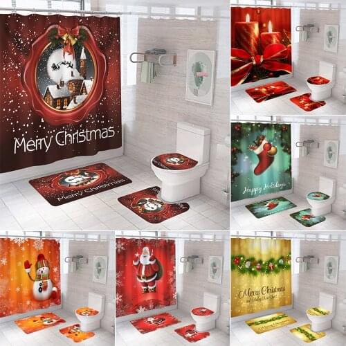 Santa Claus Snowman Bathroom Curtains Set Merry Christmas Fabric Shower Curtain Socks Bells Anti Slip Bath Mat Toilet Seat Cover