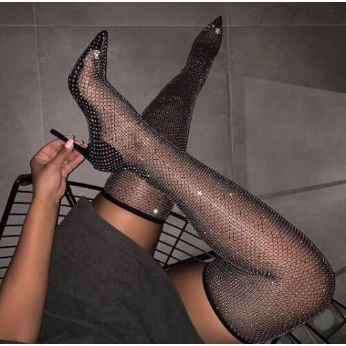 Hot Woman Black Bling Bling Sequins Diamond Fishnet Cuts Out PVC Clear Pointed Toe Heel-Strap Over The Knee Thigh Socks Boots
