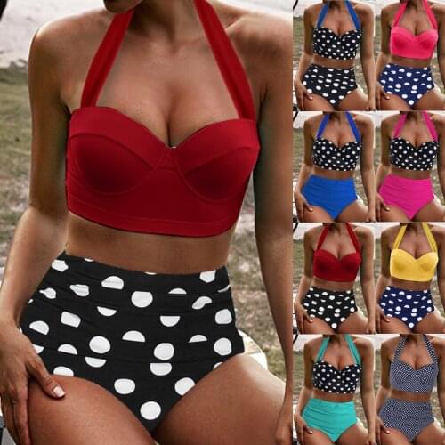 Women High Waist Bikinis Swimwear Swimuit Female Retro Beachewear Bikini Set Summer hanging neck large size multicolor sexy holi