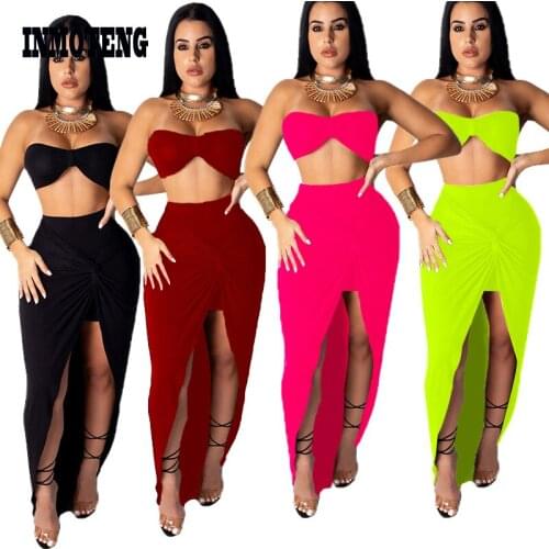 INMOTENG Women Beach Two Piece Set Midi Skirt Strapless Crop Top High Side Split Tie Up Maxi Skirts Suit Plus Size XXL Tracksuit