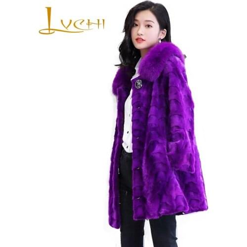 LVCHI Winter 2019 Draped Real Fur Mink Fur Coat Natural Fur Purple Coat Womens With Fox Fur Collar Long Sleeve Long Mink Coats