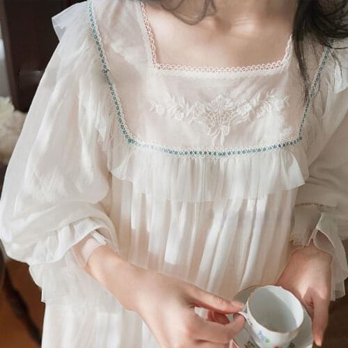 Retro Style Womens Princess Dress Lace Ribbon Sleepshirts.Vintage Embroidered Nightgown.Ladies Girls Nightdress Home Sleepwear
