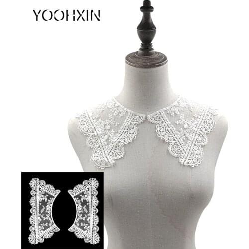 1 pair NEW mesh flower embroidery DIY lace collar Fabric Sewing ribbon trim Applique neckline craft cloth Wedding dress decor
