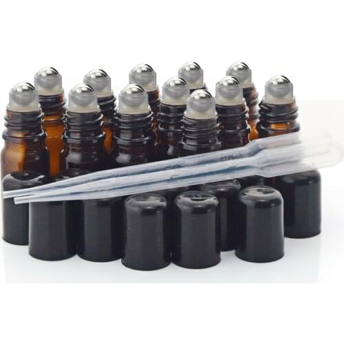 12pcs 5ml Amber Glass Roll on Bottle Vials with Stainless Steel Roller Ball Black Lid for Perfume Essential Oils Aromatherapy