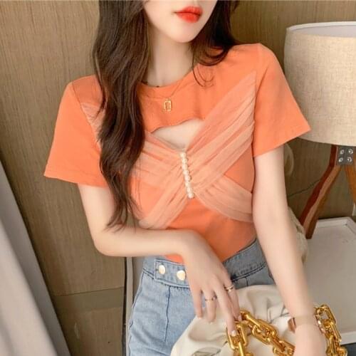 2021 Spring Summer Swet Graphic Tshirt Korean Beads Mesh Bowknot T Shirts Causal Short Sleeve O-neck Women Tees