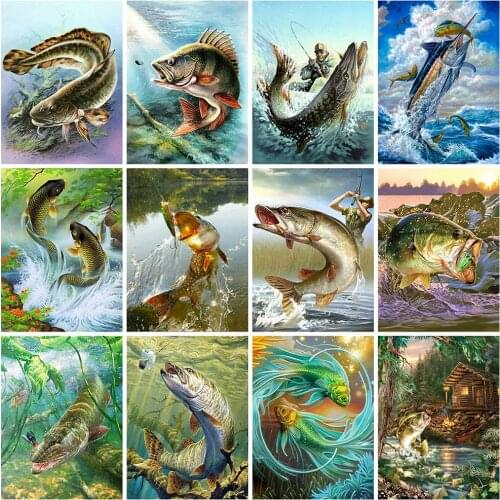 HUACAN Full Square Drill 5d Diamond Painting Fish DIY Diamond Embroidery Animal Mosaic River Wall Art Needlework
