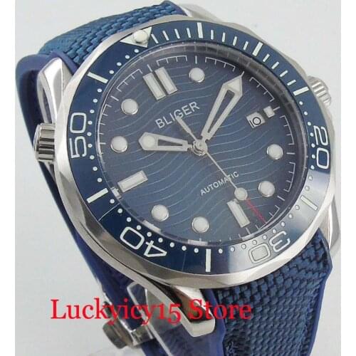 Automatic Mens Watch With Wave Dial 41mm Diameter Round Stainless Steel Watch Case Pin Clasp