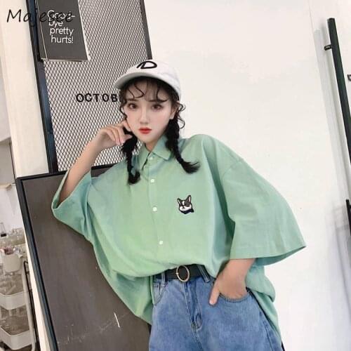 Blouses Women Cartoon Printed Single Breasted Cute Girls Simple BF Student Harajuku Korean Style Womens Shirt Casual Ulzzang New