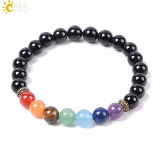 CSJA Natural Stone Bracelet Unisex Black Onyx Stone Bead 7 Reiki Chakra Yoga Healing Balance Bracelets Bronze Charm Jewelry E952