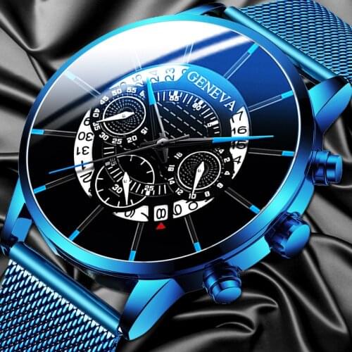 Fashion Luxury Mens Business Wristwatch Calendar Watches Blue Stainless Steel Mesh Belt Analog Quartz Watch Relogio Masculino