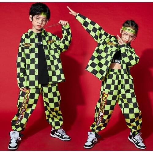 Children Street Hip Hop Clothing Green Lattice Shirt Pants For Girls Hiphop Outfit Stage Performance Jazz Boys Costume BL5365