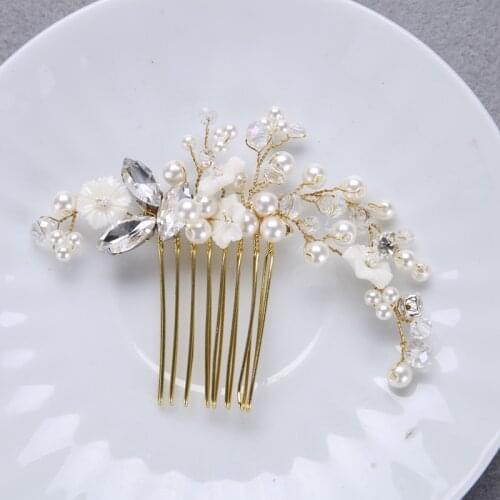Golden crystal Shell flowers pearl hair combs for Women FORSEVEN Trendy Bride Hair Acessories Wedding hair comb decorations