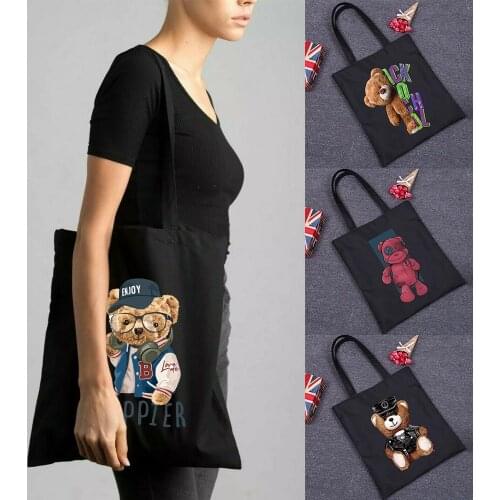 Cute Bear Pattern Canvas Bag Shopper Bag Harajuku Large Capacity Women Bags Classic Vintage Shoulder Bag Handbag