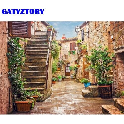 GATYZTORY 40x50cm Oil Painting By Numbers Garden House Street Scenery Kits Drawing Canvas Hand Painted Home Decor