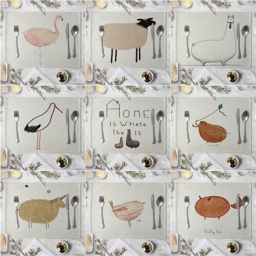 Cute Animal Pattern Kitchen Placemat Dining Bird Dinosaur Fox Rabbit Table Mats Drink Coasters Western Pad Cotton Linen Cup Mat