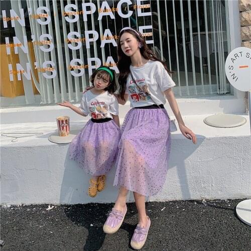 Summer Mommy And Me Clothes Matching Outfits Cute T-shirt Beach Dress Childrens Korean Mother Daughter Dresses