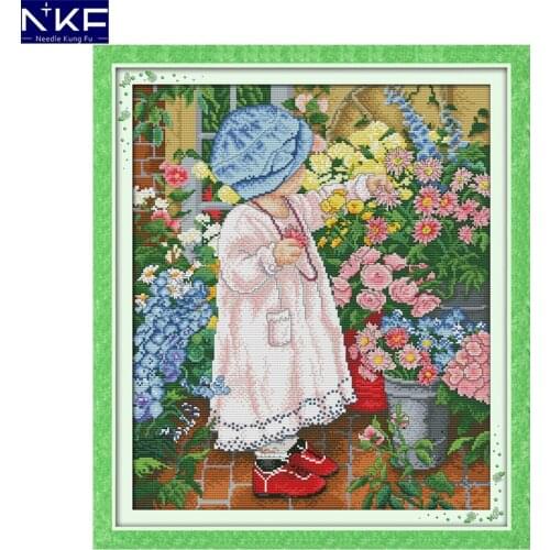 NKF Flower Girl Cross Stitch Painting DIY Kits Cross Stitch Embroidery Set Home Decor Needlework Cross Stitch Pattern for Kids