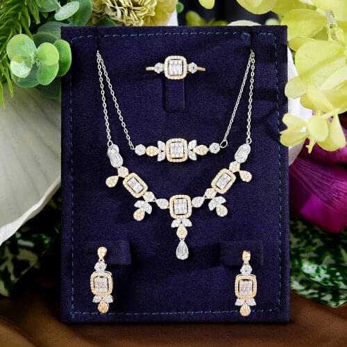GODKI Square Flower Charms 4PCS Bracelet Ring Necklace Earring Set For Women Wedding Party Cubic Zircon CZ Dubai Bridal Jewelry