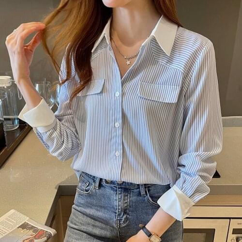 Chikichi 2021 Autumn New Striped Shirt Womens Long Sleeve Temperament Contrast Color Chiffon Shirt Simple Casual Top